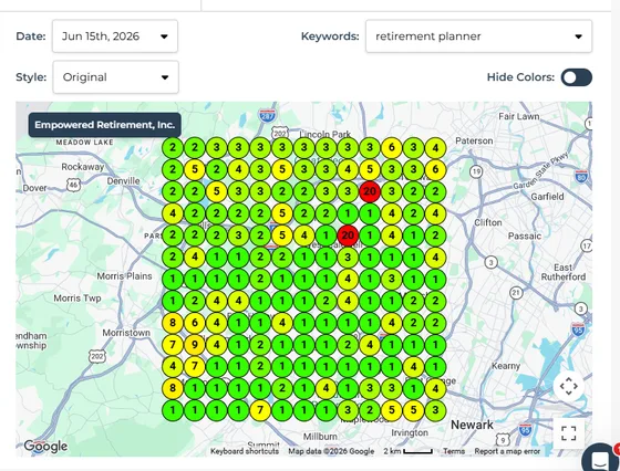 Geo-grid ranking map showing Empowered Retirement ranking position 1 to 4 for retirement planner across most of their local area after switching to Vantico Sites