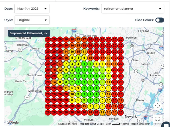 Geo-grid ranking map showing Empowered Retirement ranking position 20 for retirement planner across most of their local area before switching to Vantico Sites