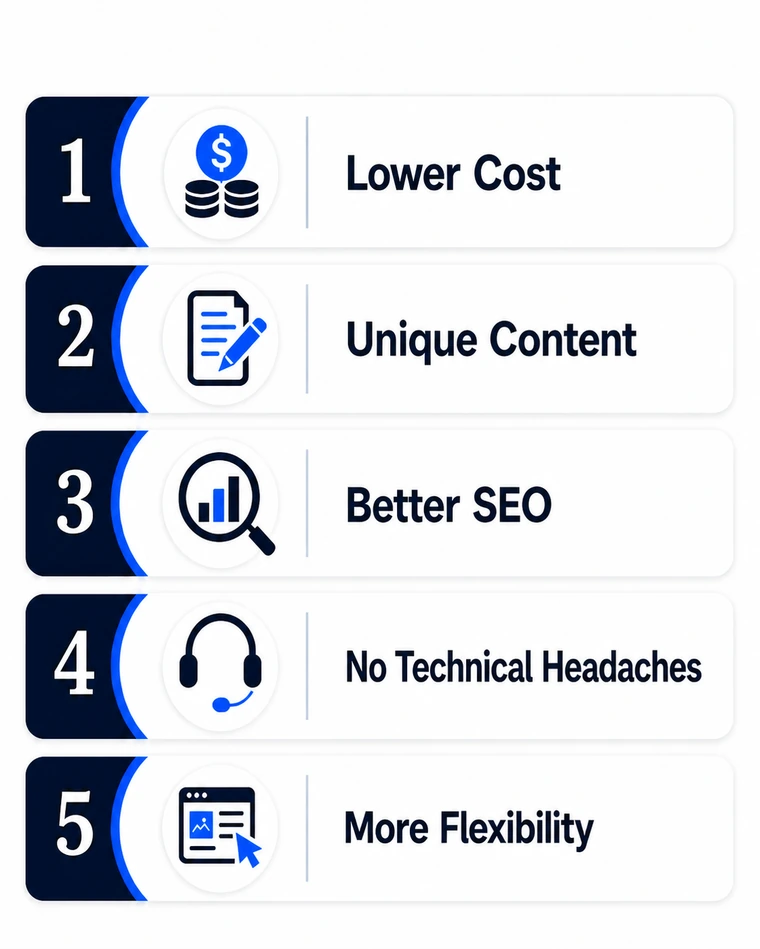 Vantico Sites infographic showing lower cost, unique content, more visibility and leads, no technical headaches, and more flexibility.